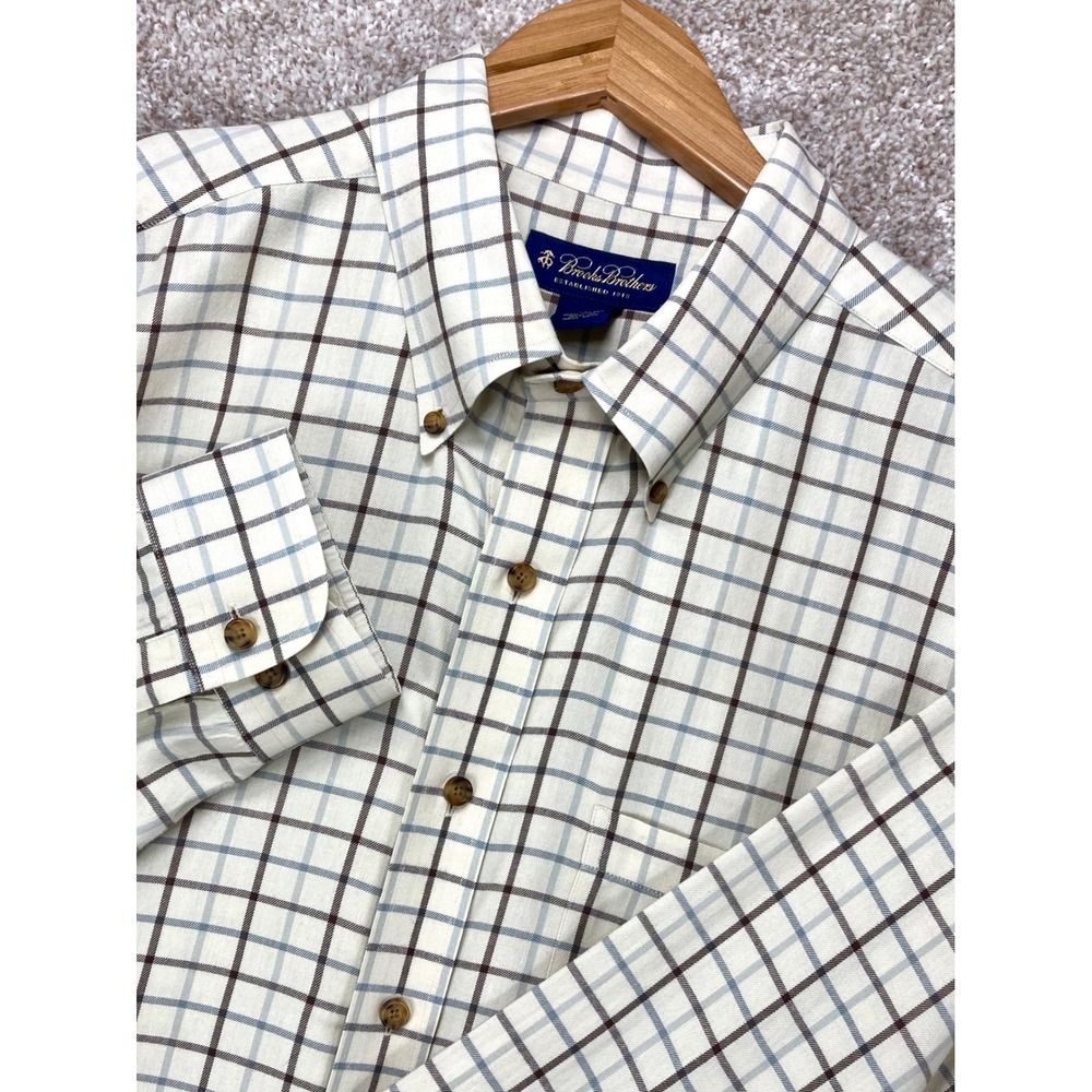 Brooks Brothers Check Button Down Shirt Mens Sz XXL Cream Brown Cotton Classic